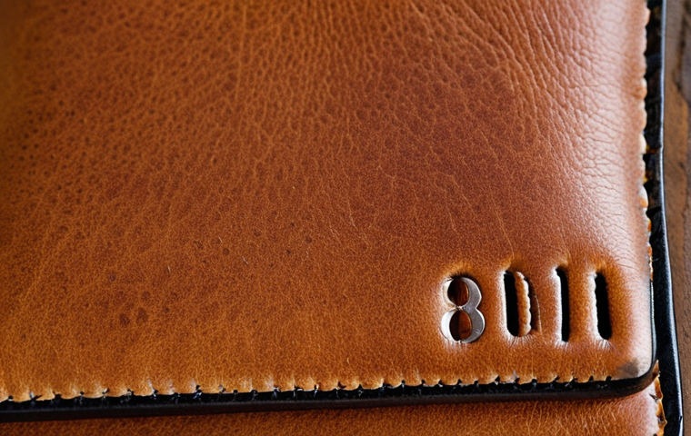 ** A close-up shot showcasing the texture and natural markings of full-grain leather. The image should highlight the leather's imperfections (scars, wrinkles) and its rich color. The leather item is a wallet that shows usage with slight wear marks.
**