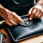 A skilled leather artisan, fully clothed in a modest work shirt and a professional leather apron, meticulously debossing a brand logo onto a handcrafted leather wallet. The focus is on their well-formed hands and the precise application of the heated metal die to the supple leather. The background reveals a well-lit, organized workshop with various leather tools and material samples, bathed in soft, natural light, creating an atmosphere of dedication and careful craftsmanship. Perfect anatomy, correct proportions, natural pose, well-formed hands, proper finger count, natural body proportions. Professional photography, high quality, detailed textures. Safe for work, appropriate content, fully clothed, professional dress, family-friendly.