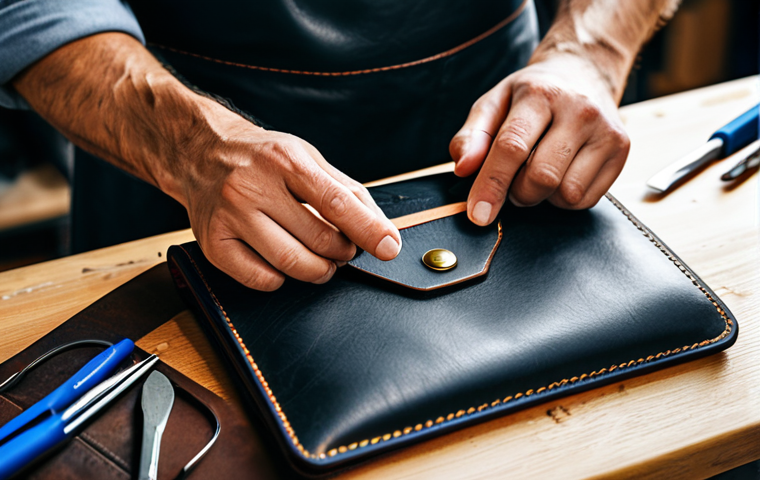 A skilled leather artisan, fully clothed in a modest work shirt and a professional leather apron, meticulously debossing a brand logo onto a handcrafted leather wallet. The focus is on their well-formed hands and the precise application of the heated metal die to the supple leather. The background reveals a well-lit, organized workshop with various leather tools and material samples, bathed in soft, natural light, creating an atmosphere of dedication and careful craftsmanship. Perfect anatomy, correct proportions, natural pose, well-formed hands, proper finger count, natural body proportions. Professional photography, high quality, detailed textures. Safe for work, appropriate content, fully clothed, professional dress, family-friendly.