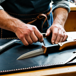 Leatherworker at Workbench**

A professional leather artisan working at a well-organized workbench. The scene shows a close-up of hands using a skiving knife on a piece of brown leather. Various tools are neatly arranged around the leather: stitching awls, thread spools, and a self-healing cutting mat. The artisan is fully clothed in appropriate attire, wearing a practical apron. The workshop has natural lighting and a focused atmosphere, safe for work, appropriate content, perfect anatomy, natural proportions, professional photography, high quality, modest clothing.

**