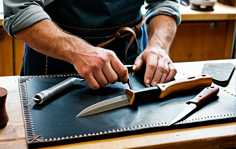 Leatherworker at Workbench**
A professional leather artisan working at a well-organized workbench. The scene shows a close-up of hands using a skiving knife on a piece of brown leather. Various tools are neatly arranged around the leather: stitching awls, thread spools, and a self-healing cutting mat. The artisan is fully clothed in appropriate attire, wearing a practical apron. The workshop has natural lighting and a focused atmosphere, safe for work, appropriate content, perfect anatomy, natural proportions, professional photography, high quality, modest clothing.
**