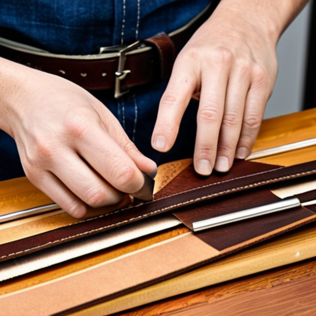 Woven Leather Belt Creation**
"A close-up shot of a craftsperson's hands meticulously weaving strips of vegetable-tanned leather into a belt. The belt features a classic plain weave pattern. Various leather working tools are visible on a clean wooden workbench: a rotary cutter, ruler, beveling tool. The lighting is warm and natural. Fully clothed, appropriate attire, safe for work, perfect anatomy, well-formed hands, proper finger count, professional, modest, high quality, natural pose."
**