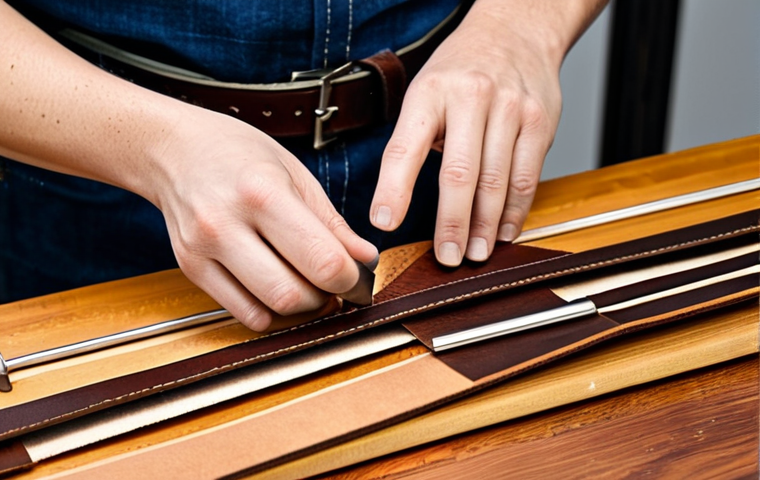 Woven Leather Belt Creation**

"A close-up shot of a craftsperson's hands meticulously weaving strips of vegetable-tanned leather into a belt. The belt features a classic plain weave pattern. Various leather working tools are visible on a clean wooden workbench: a rotary cutter, ruler, beveling tool. The lighting is warm and natural. Fully clothed, appropriate attire, safe for work, perfect anatomy, well-formed hands, proper finger count, professional, modest, high quality, natural pose."

**