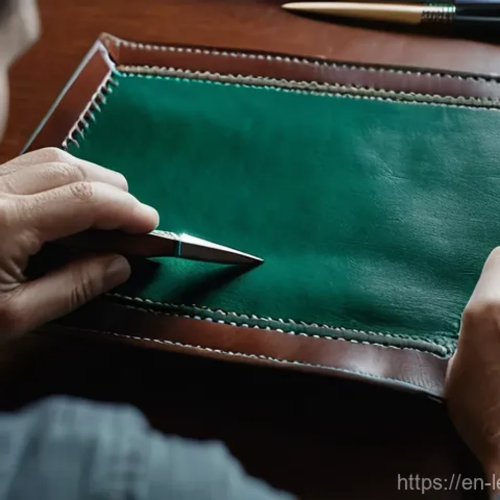 가죽공예 제도 작업 - **Prompt:** A close-up, high-angle shot of a skilled leather crafter's hands precisely manipulating ...