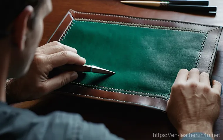 가죽공예 제도 작업 - **Prompt:** A close-up, high-angle shot of a skilled leather crafter's hands precisely manipulating ...