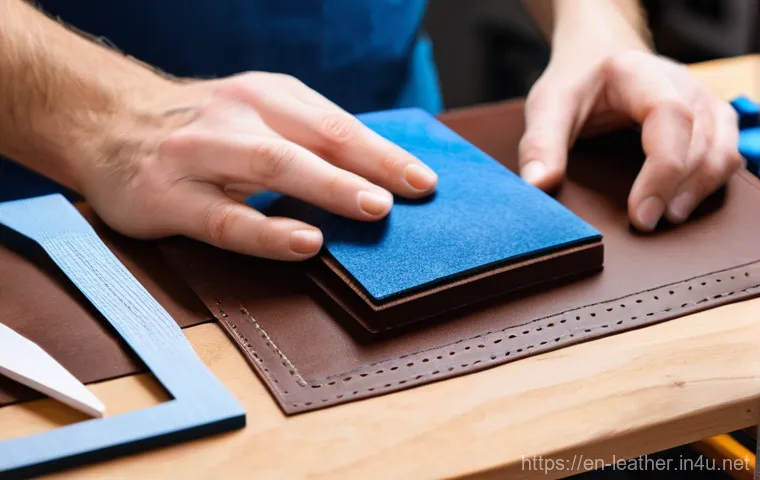 가죽공예 제도 작업 - **Prompt:** A close-up, high-angle shot of a skilled leather crafter's hands precisely manipulating ...