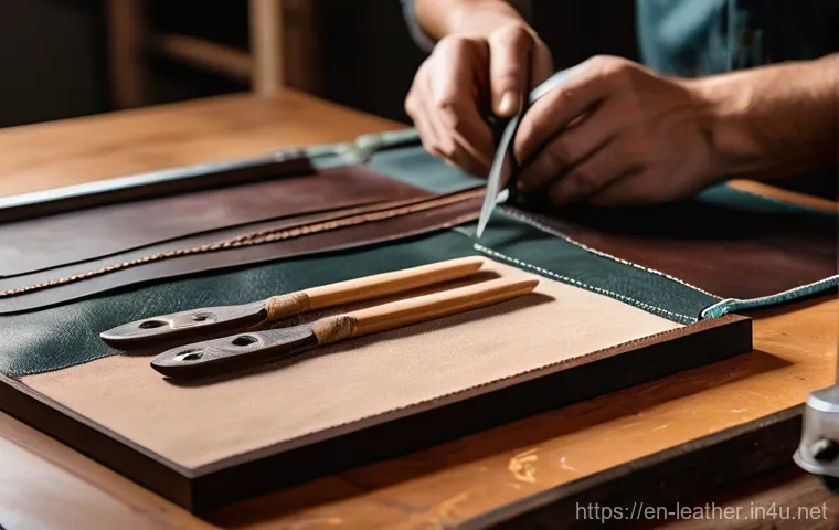 가죽공예 홈데코 소품 - **A focused shot of a leather crafter's organized workbench, bathed in warm, natural light.** The wo...