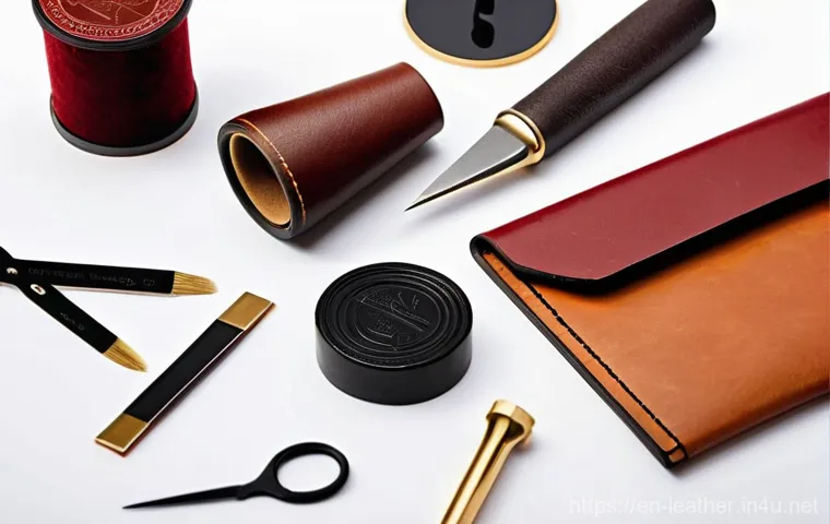 가죽공예 홈데코 소품 - **A focused shot of a leather crafter's organized workbench, bathed in warm, natural light.** The wo...
