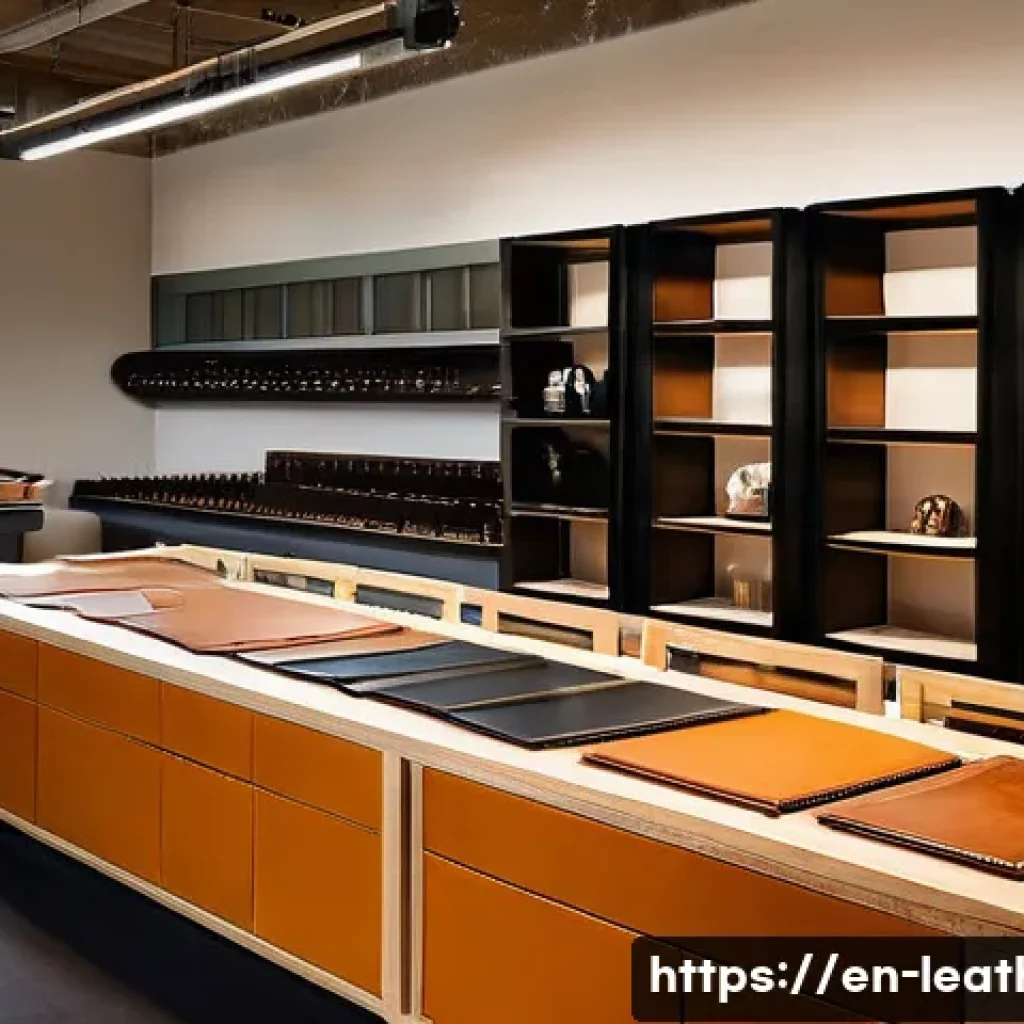 가죽공예 기계 사용법 - **Prompt:** A well-lit, clean, and spacious modern leather workshop. In the center, a precision lase...