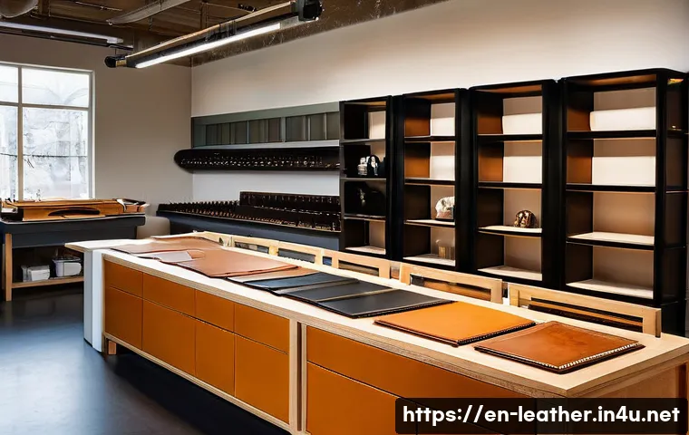 가죽공예 기계 사용법 - **Prompt:** A well-lit, clean, and spacious modern leather workshop. In the center, a precision lase...