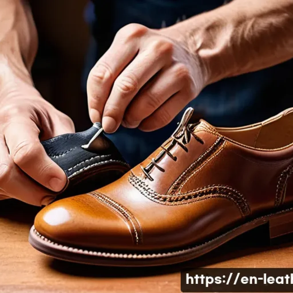 가죽공예 신발 만들기 - A detailed artisan workshop scene showing a skilled shoemaker hand-stitching a full-grain leather sh...