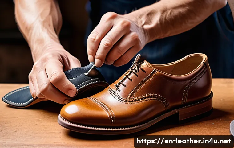 가죽공예 신발 만들기 - A detailed artisan workshop scene showing a skilled shoemaker hand-stitching a full-grain leather sh...