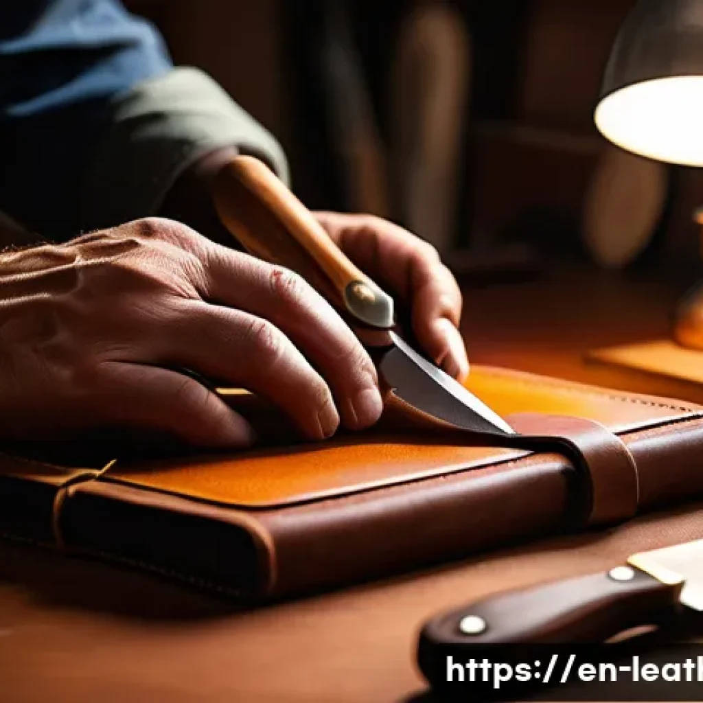가죽공예 조각기술 - A highly detailed close-up of a skilled artisan’s hands carving vegetable-tanned leather using a swi...