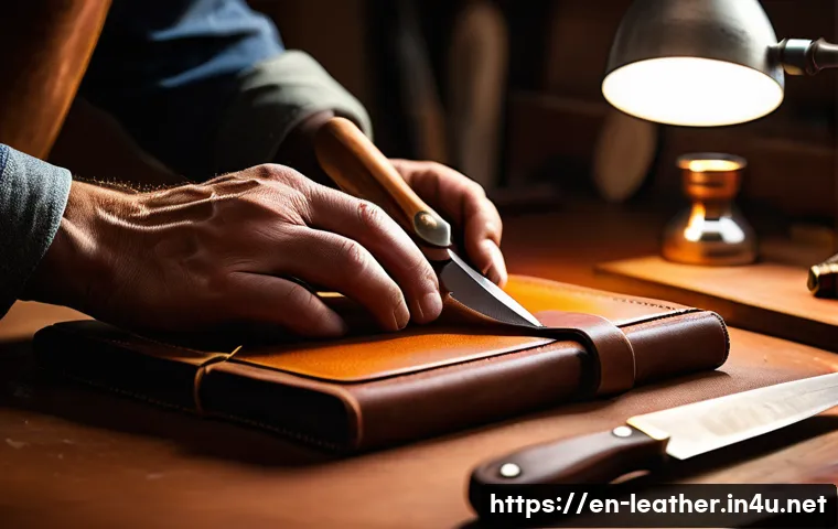 가죽공예 조각기술 - A highly detailed close-up of a skilled artisan’s hands carving vegetable-tanned leather using a swi...