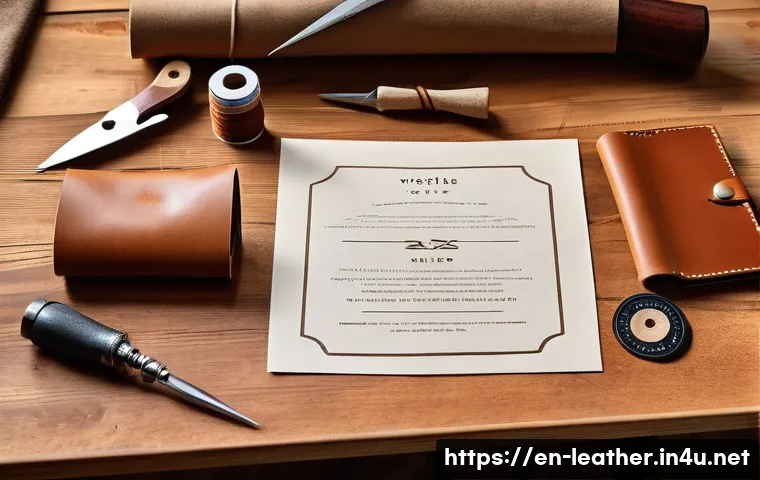 가죽공예 DIY 키트 - A neatly arranged leathercraft starter kit on a wooden table, featuring vegetable-tanned leather she...