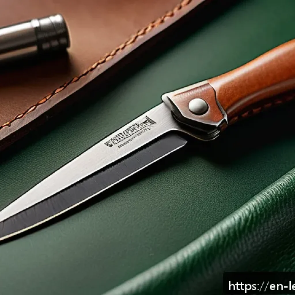 가죽공예 도구 - A close-up scene of a leathercraft workspace featuring a high-quality utility knife with a sharp, re...