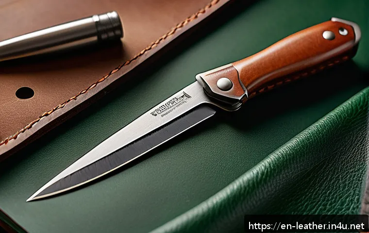 가죽공예 도구 - A close-up scene of a leathercraft workspace featuring a high-quality utility knife with a sharp, re...