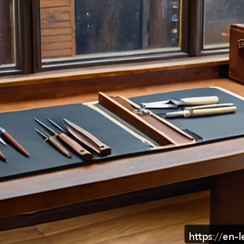 Home 31 가죽공예 부자재 사용법 - A well-organized leathercraft workspace featuring a sturdy wooden workbench under warm, natural ligh...