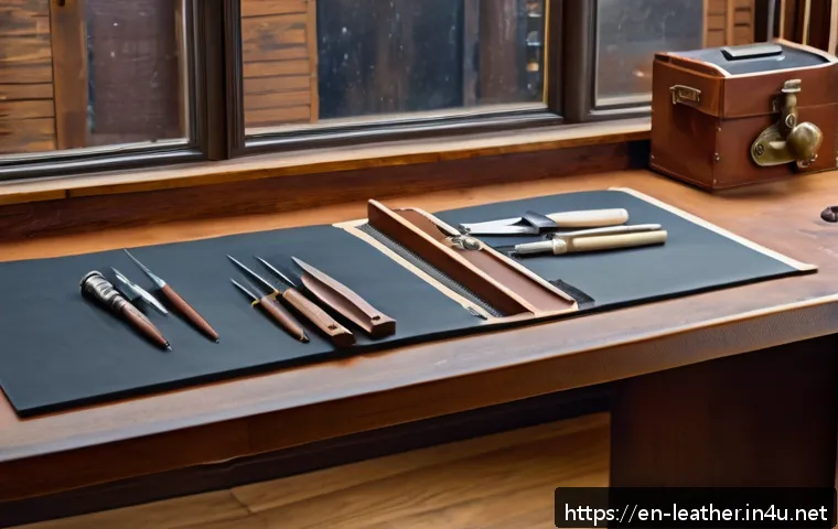 가죽공예 부자재 사용법 - A well-organized leathercraft workspace featuring a sturdy wooden workbench under warm, natural ligh...