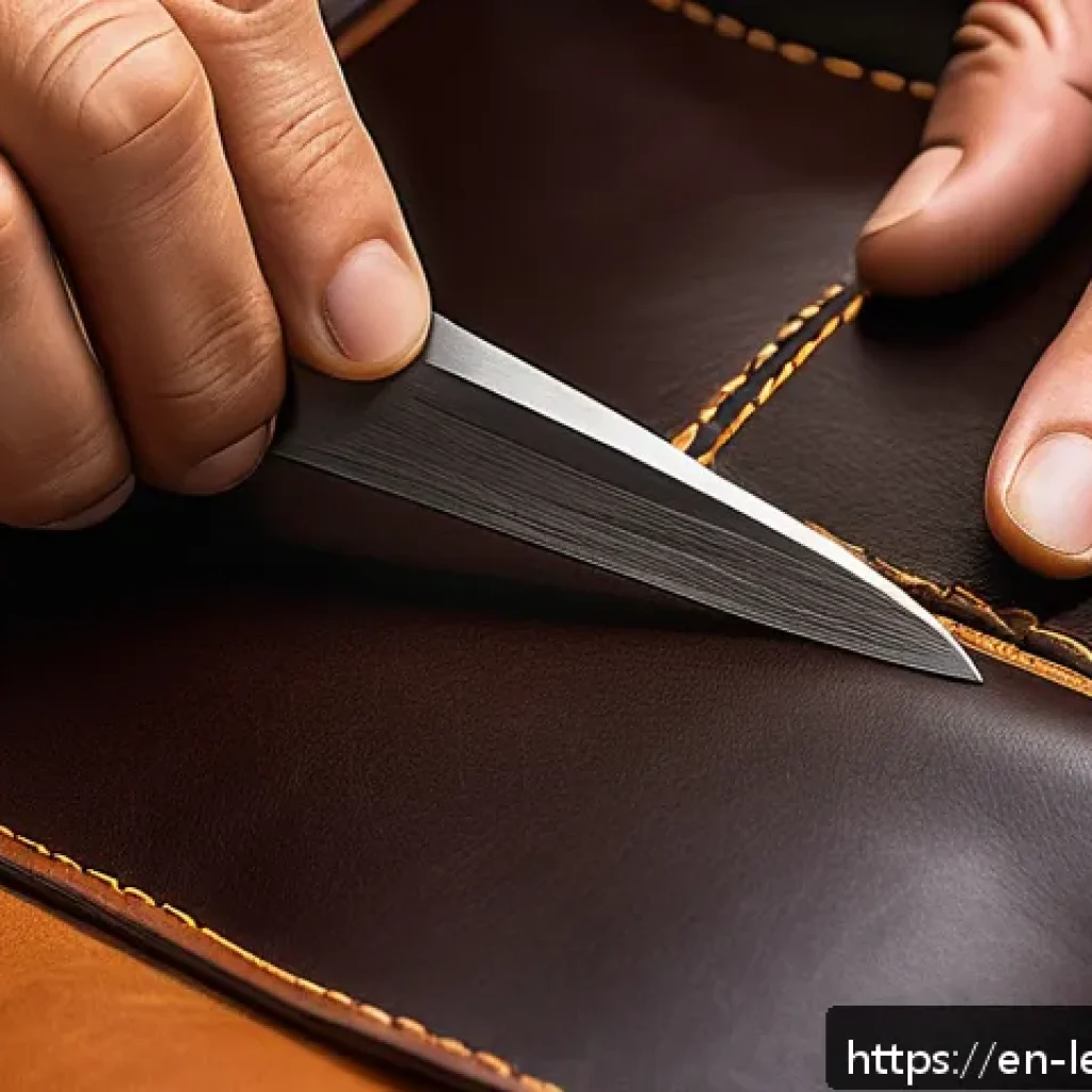 가죽공예 완성도 높이는 팁 - A close-up, high-resolution image of a skilled artisan’s hands working on vegetable-tanned full-grai...