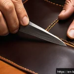 Home 18 가죽공예 완성도 높이는 팁 - A close-up, high-resolution image of a skilled artisan’s hands working on vegetable-tanned full-grai...
