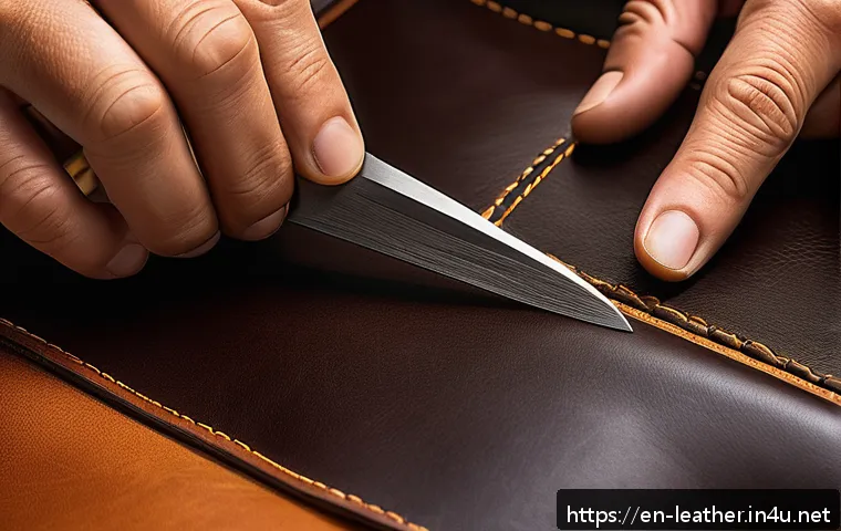 가죽공예 완성도 높이는 팁 - A close-up, high-resolution image of a skilled artisan&rsquo;s hands working on vegetable-tanned full-grai...