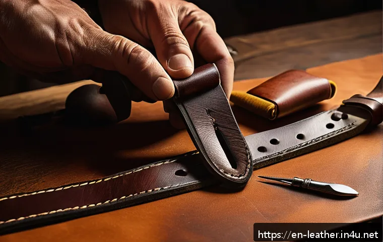 가죽공예 전통 기법 vs 현대 기법 - A close-up scene of a skilled artisan hand-stitching a rich, full-grain leather belt using tradition...