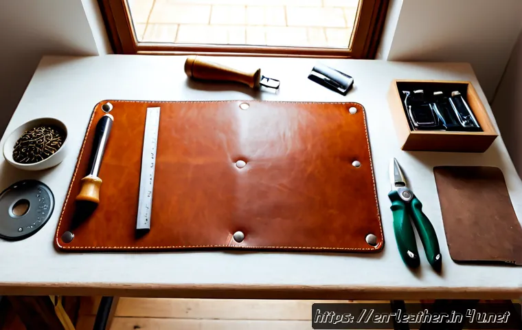 Home 17 가죽공예 창업 준비물 - Photorealistic overhead view of a beginner leathercraft startup workbench in a bright small studio, ...