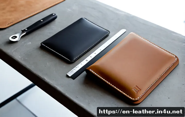 가죽공예 모던 클래식 스타일 - Photorealistic modern leathercraft workspace, a minimalist tan leather card holder and sleek black l...